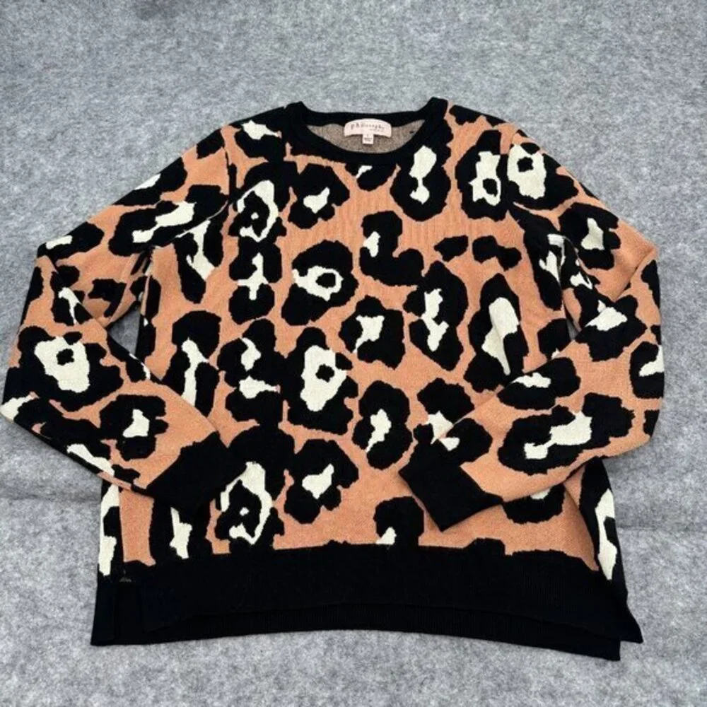 Philosophy Womens Sweater XL Animal Print Tan Black Rayon Crew Neck Long Sleeves